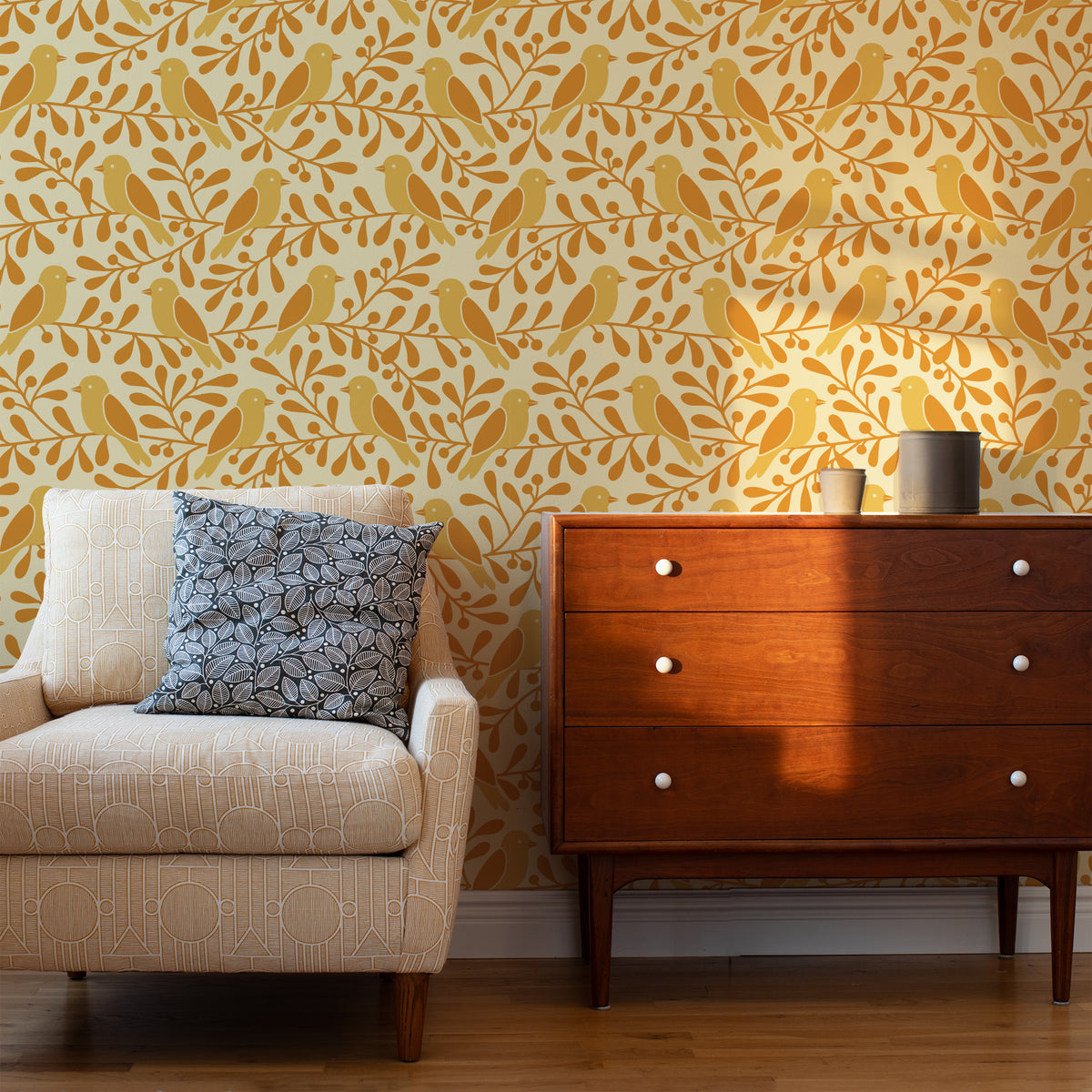 Wallpaper - Birds on Branches Ochre