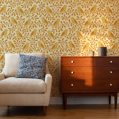 Wallpaper - Birds on Branches Ochre