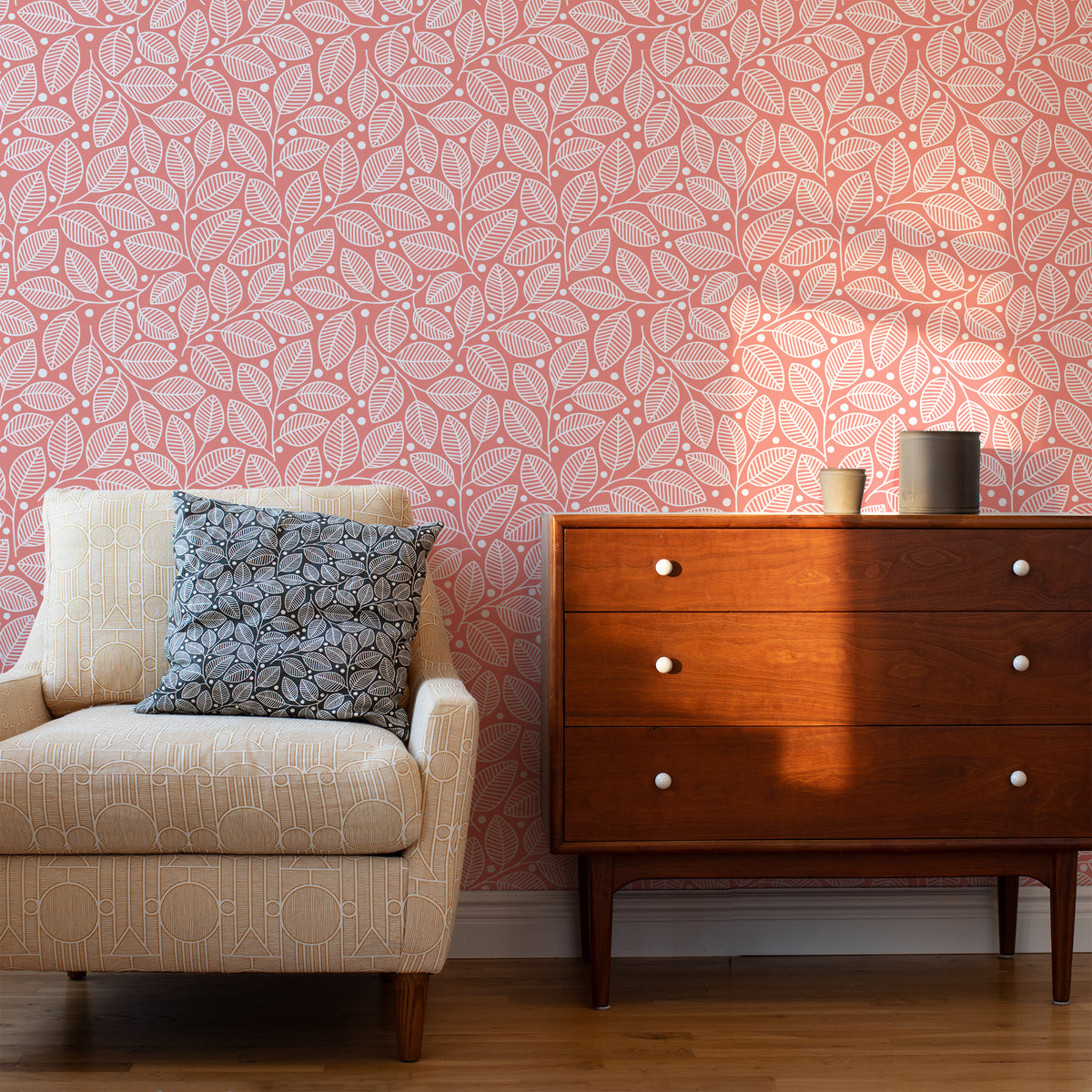 Wallpaper - Leaves & Berries Peach
