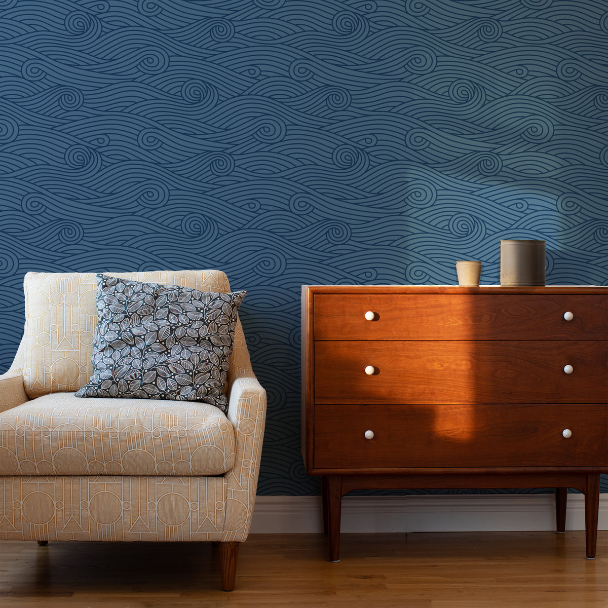 Wallpaper - Ocean Waves Navy & Blue