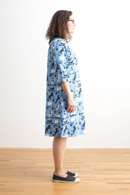 Helsinki Dress - Dogs on Scooters Blue