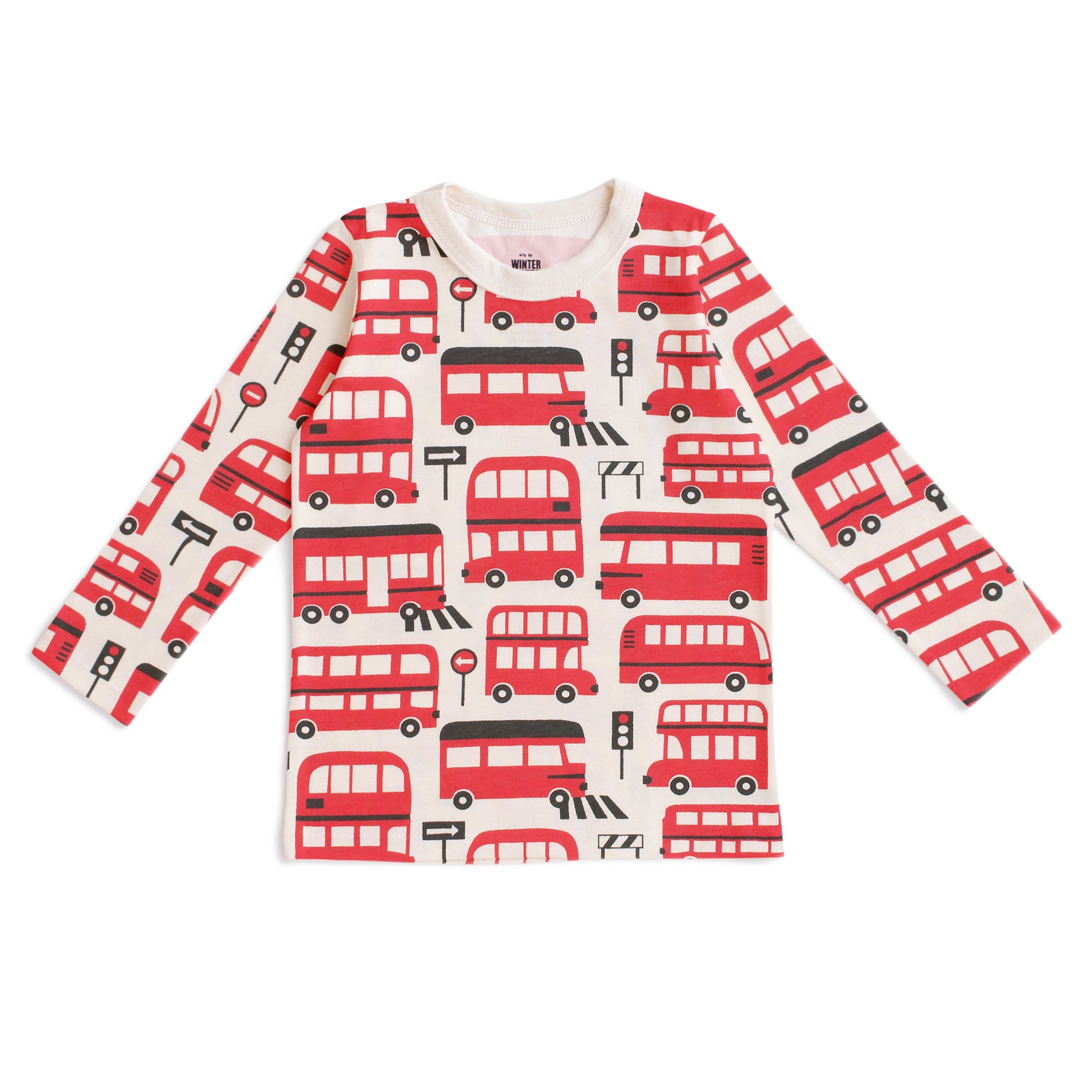 A long-sleeve red and white T-shirt with a pattern of double-decker buses.