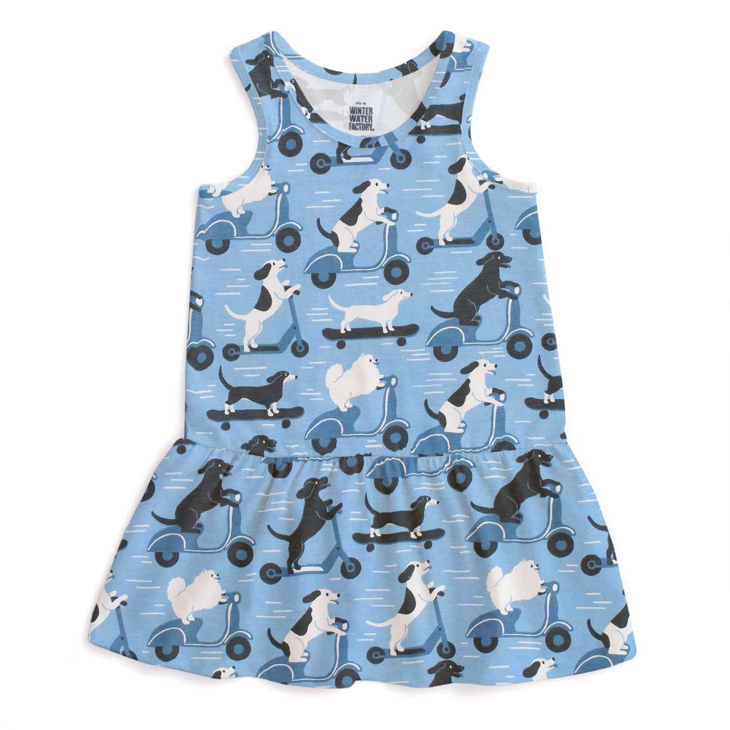 Valencia Dress - Dogs on Scooters Blue