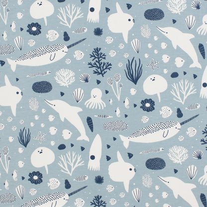 Long-Sleeve Lap Tee - Sea Creatures Pale Blue & Navy