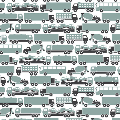 Big rig truck print swatch in surf blue, made with organic cotton