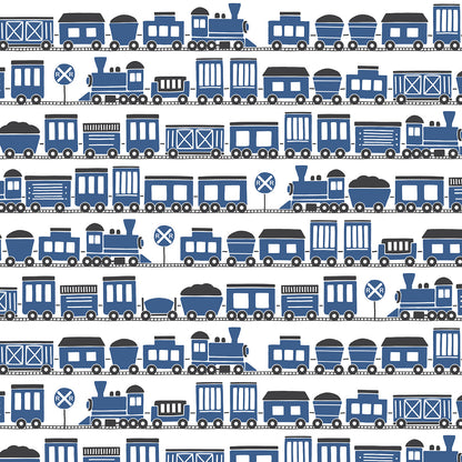 Blue train print swatch, made with organic cotton