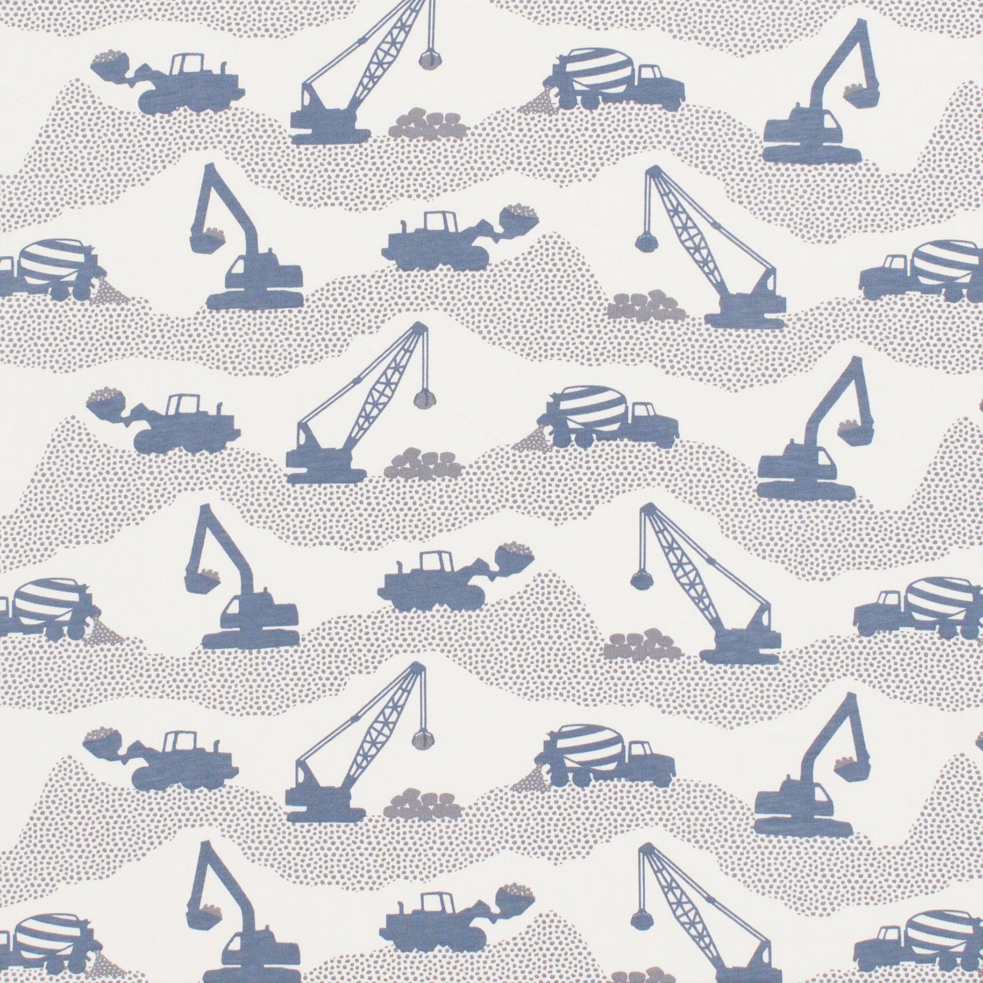 Construction truck print swatch in slate blue, made with organic cotton