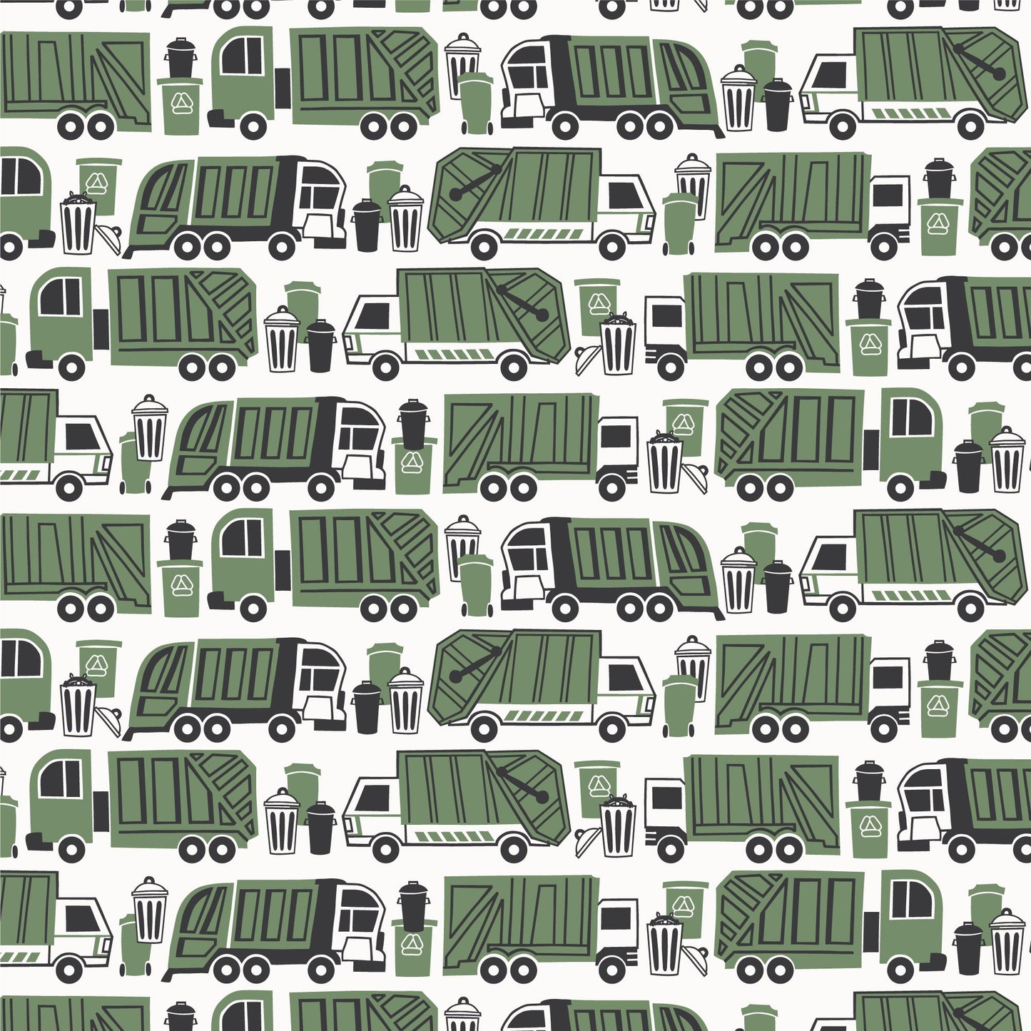 Garbage and recycling truck print swatch in green, made with organic cotton
