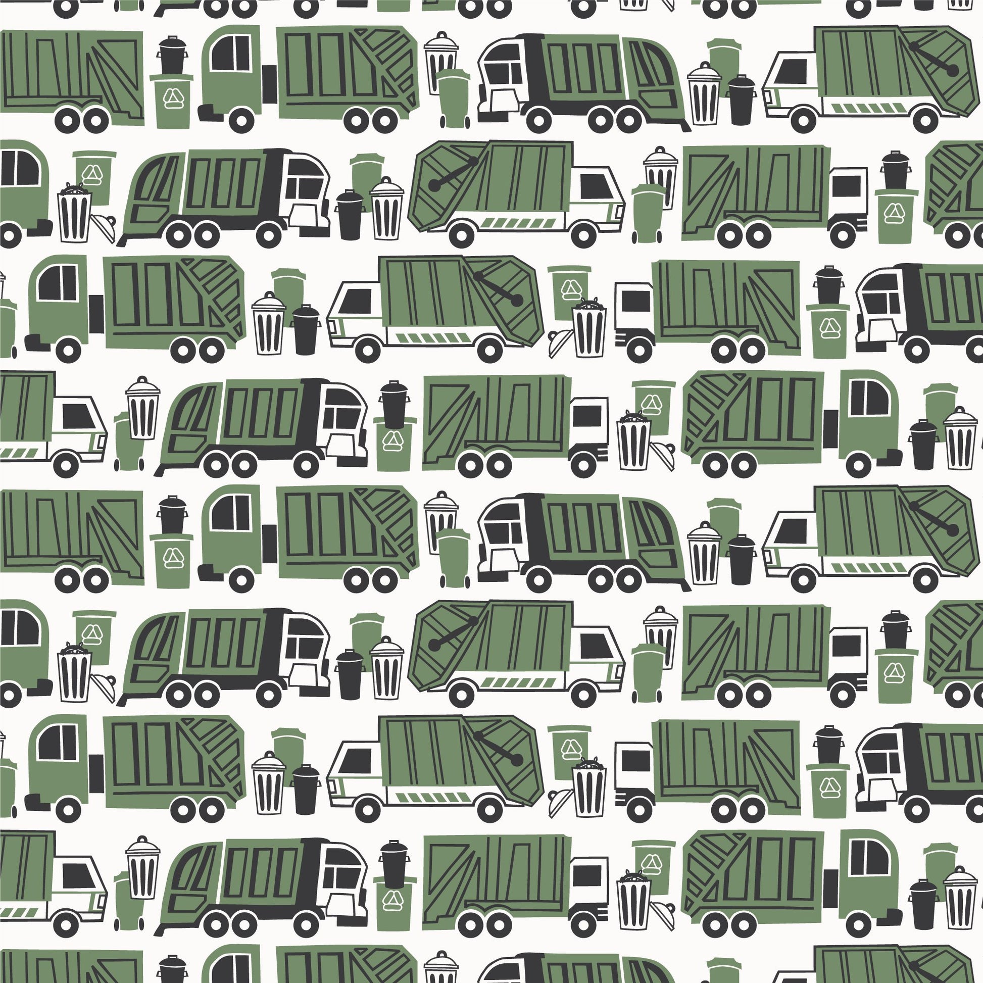 Garbage and recycling truck print swatch in green, made with organic cotton