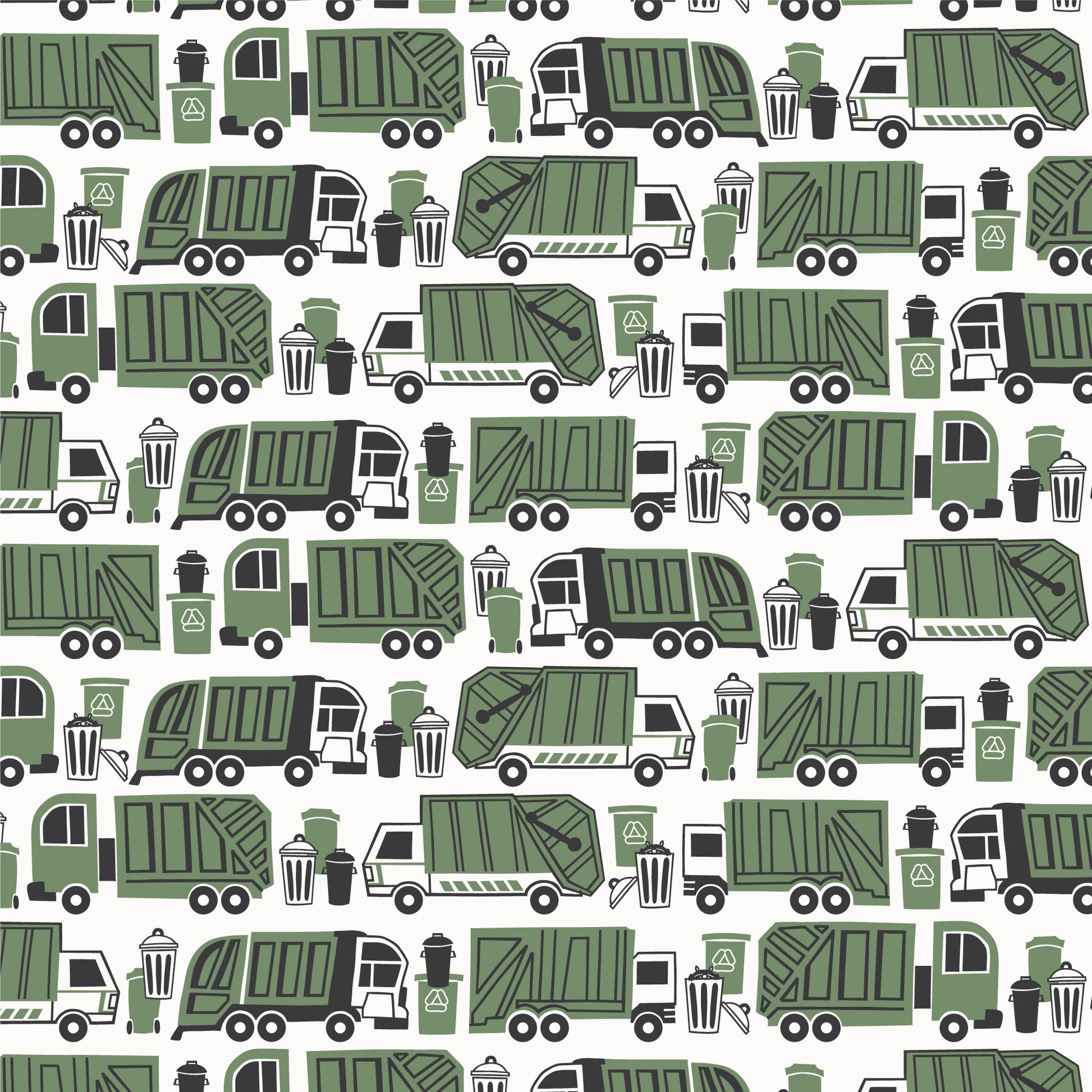 Green garbage and recycling truck print swatch, made with organic cotton