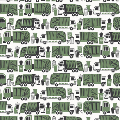 Green garbage and recycling truck print swatch, made with organic cotton