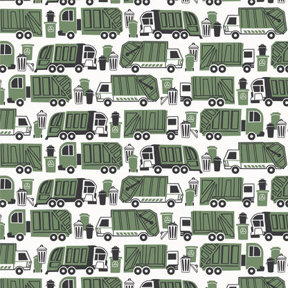 Green garbage and recycling truck print swatch, made with organic cotton