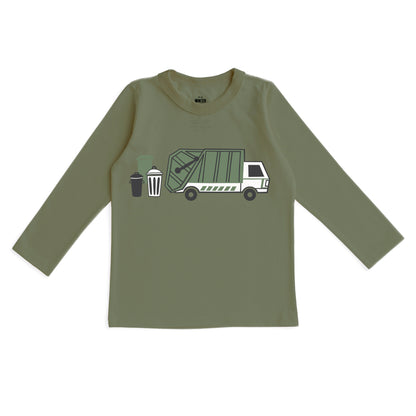 Kids long sleeve graphic t-shirt in forest green with garbage truck design, made with organic cotton