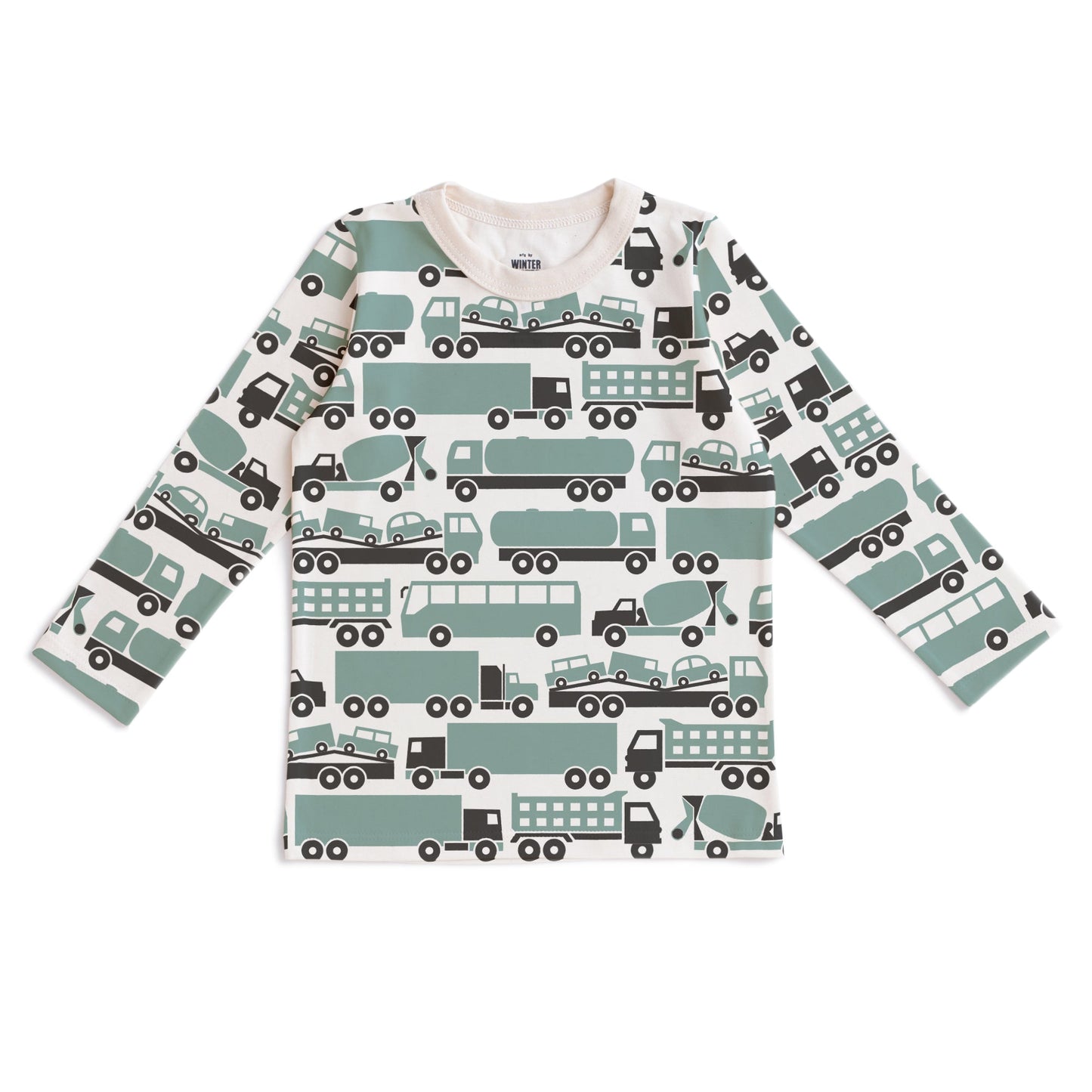 Kids long sleeve t-shirt with big rig truck print in surf blue, made with organic cotton