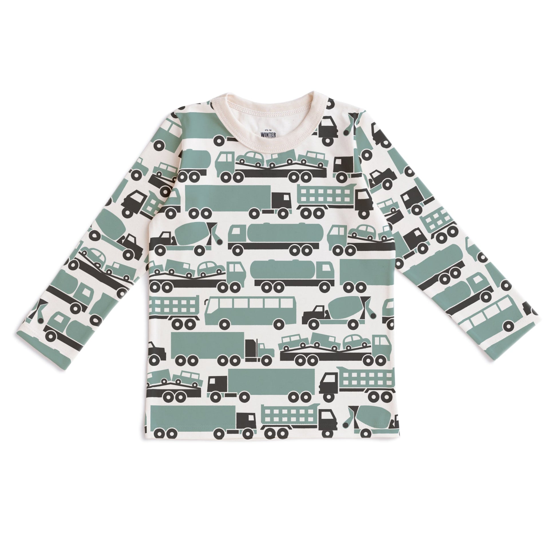 Kids long sleeve t-shirt with big rig truck print in surf blue, made with organic cotton