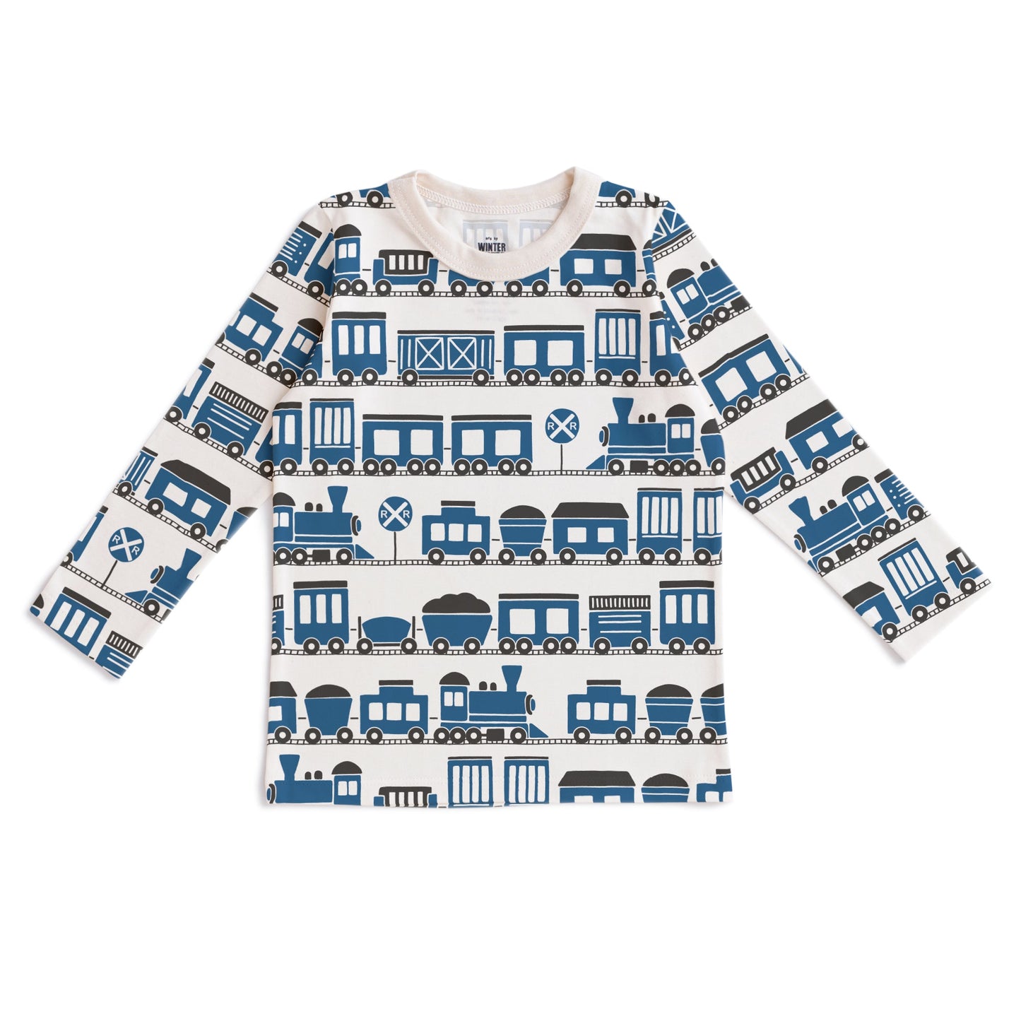 Kids long sleeve t-shirt with blue train print, made with organic cotton