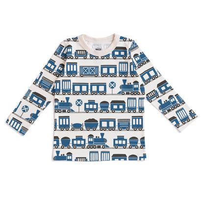 Kids long sleeve t-shirt with blue train print, made with organic cotton
