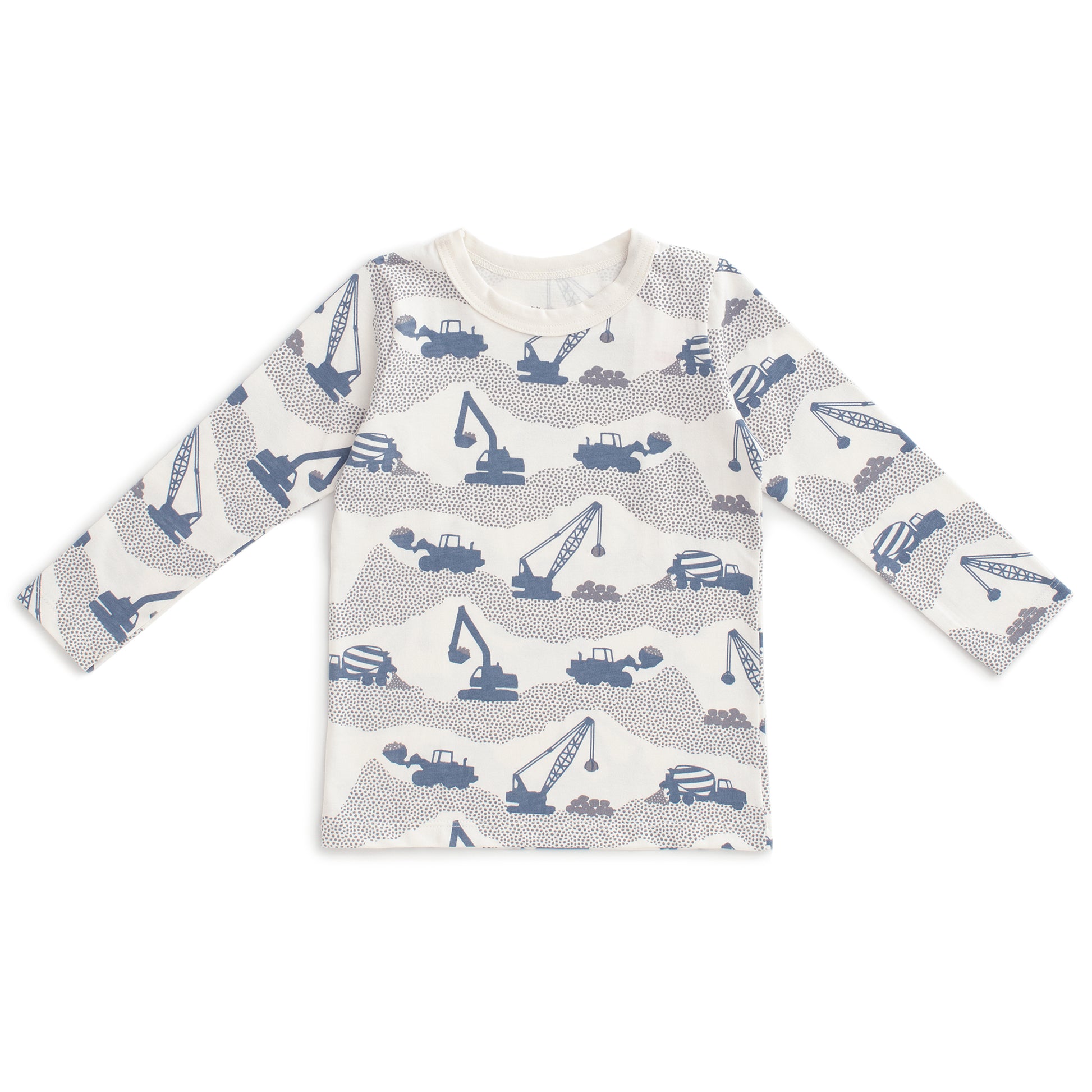 Kids long sleeve t-shirt with construction truck print in slate blue, made with organic cotton
