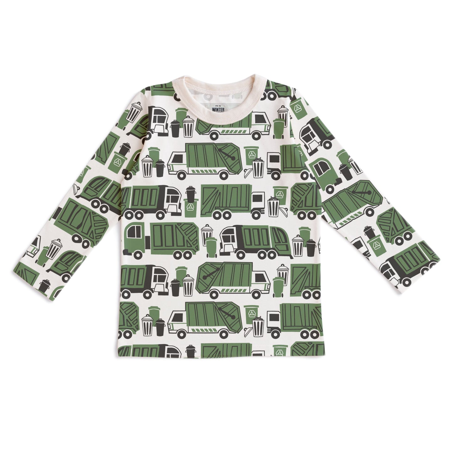 Kids long sleeve t-shirt in green with garbage and recycling truck print, made with organic cotton