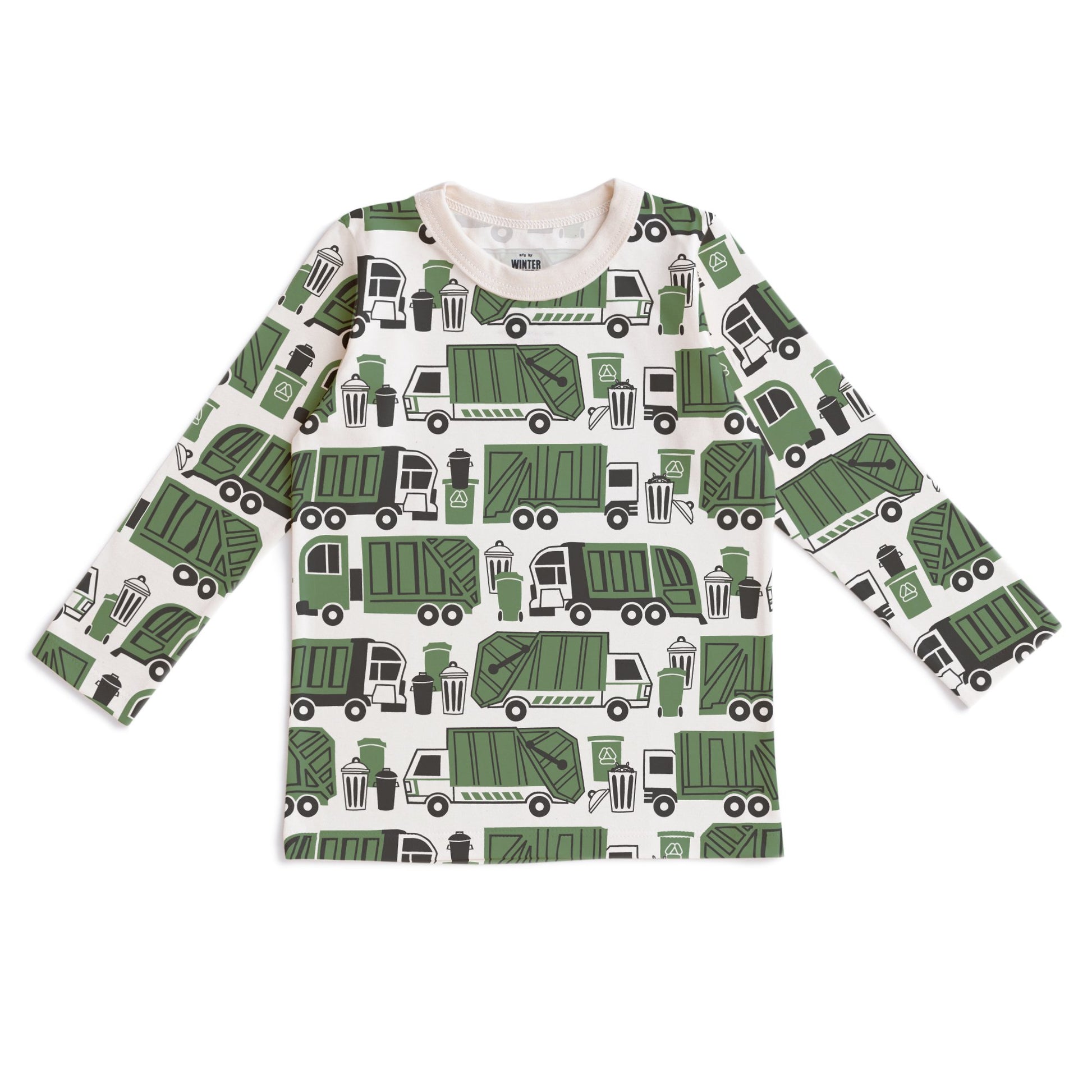 Kids long sleeve t-shirt in green with garbage and recycling truck print, made with organic cotton
