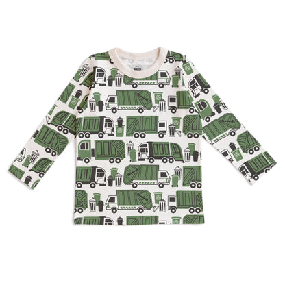 Kids long sleeve t-shirt in green with garbage and recycling truck print, made with organic cotton
