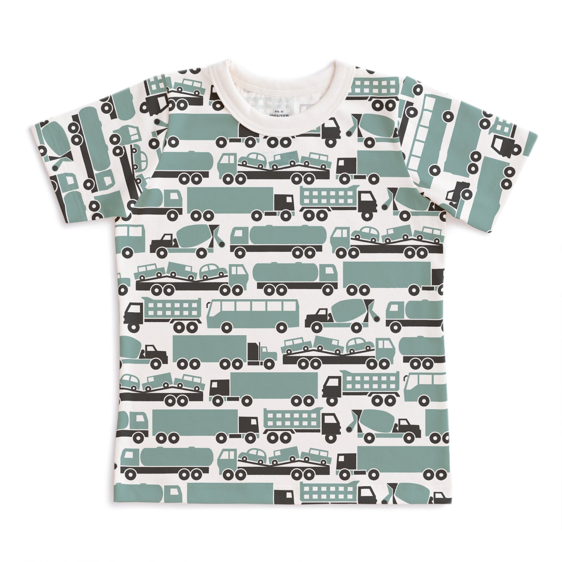 Kids short sleeve t-shirt in surf blue with big rig truck print, made with organic cotton