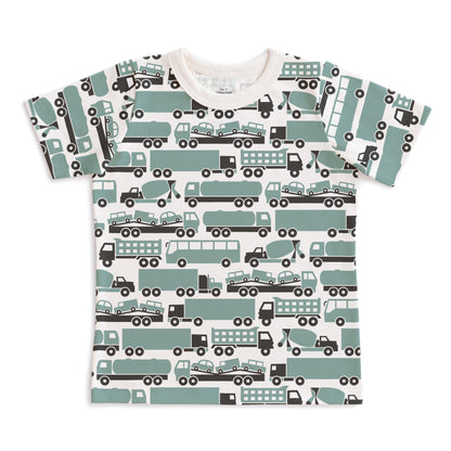 Kids short sleeve t-shirt in surf blue with big rig truck print, made with organic cotton