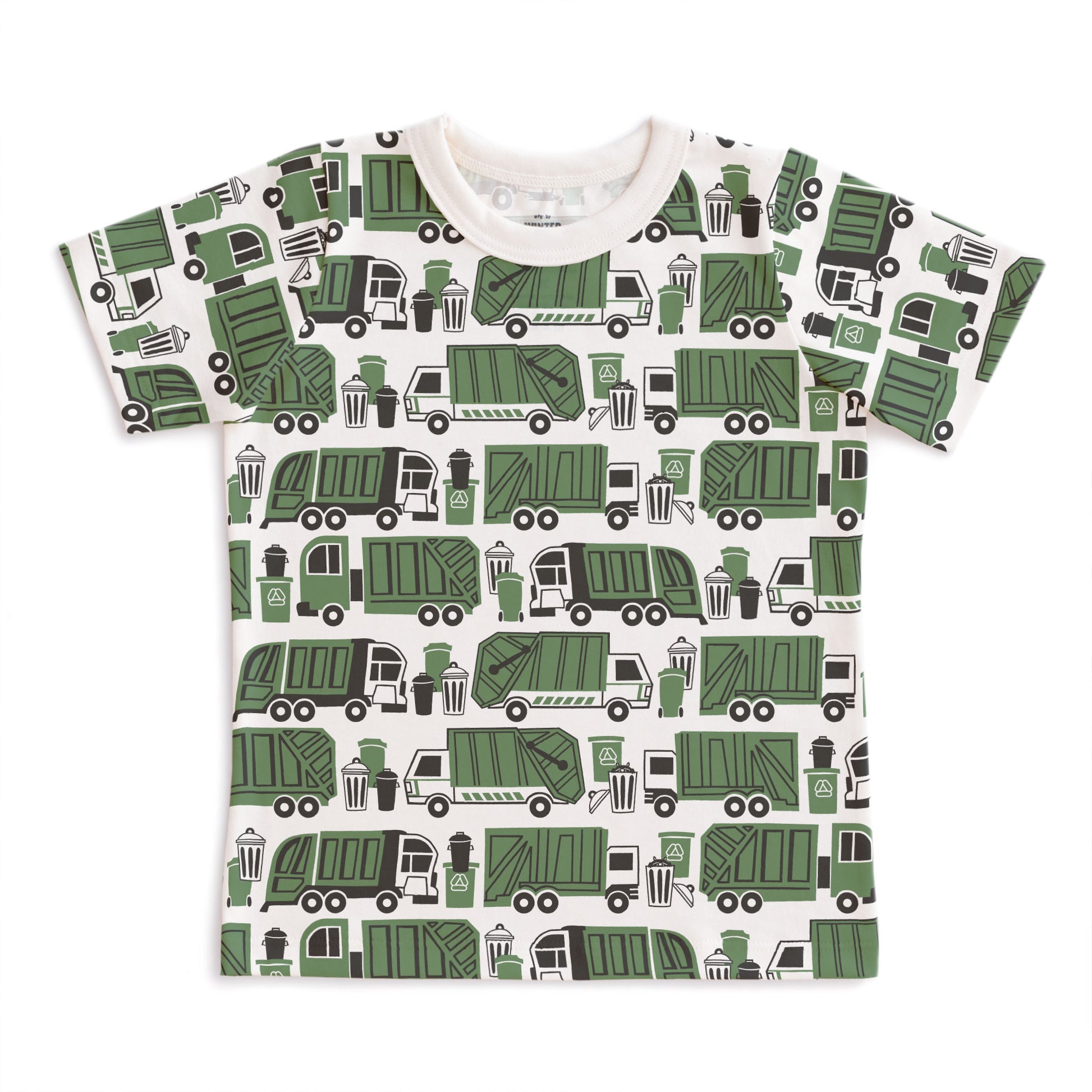 Kids short sleeve t-shirt in green with garbage and recycling truck print, made with organic cotton