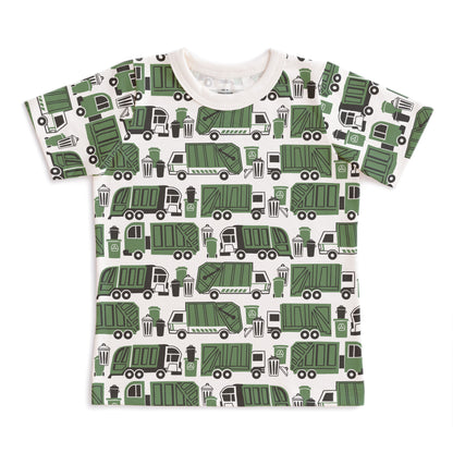 Kids short sleeve t-shirt in green with garbage and recycling truck print, made with organic cotton