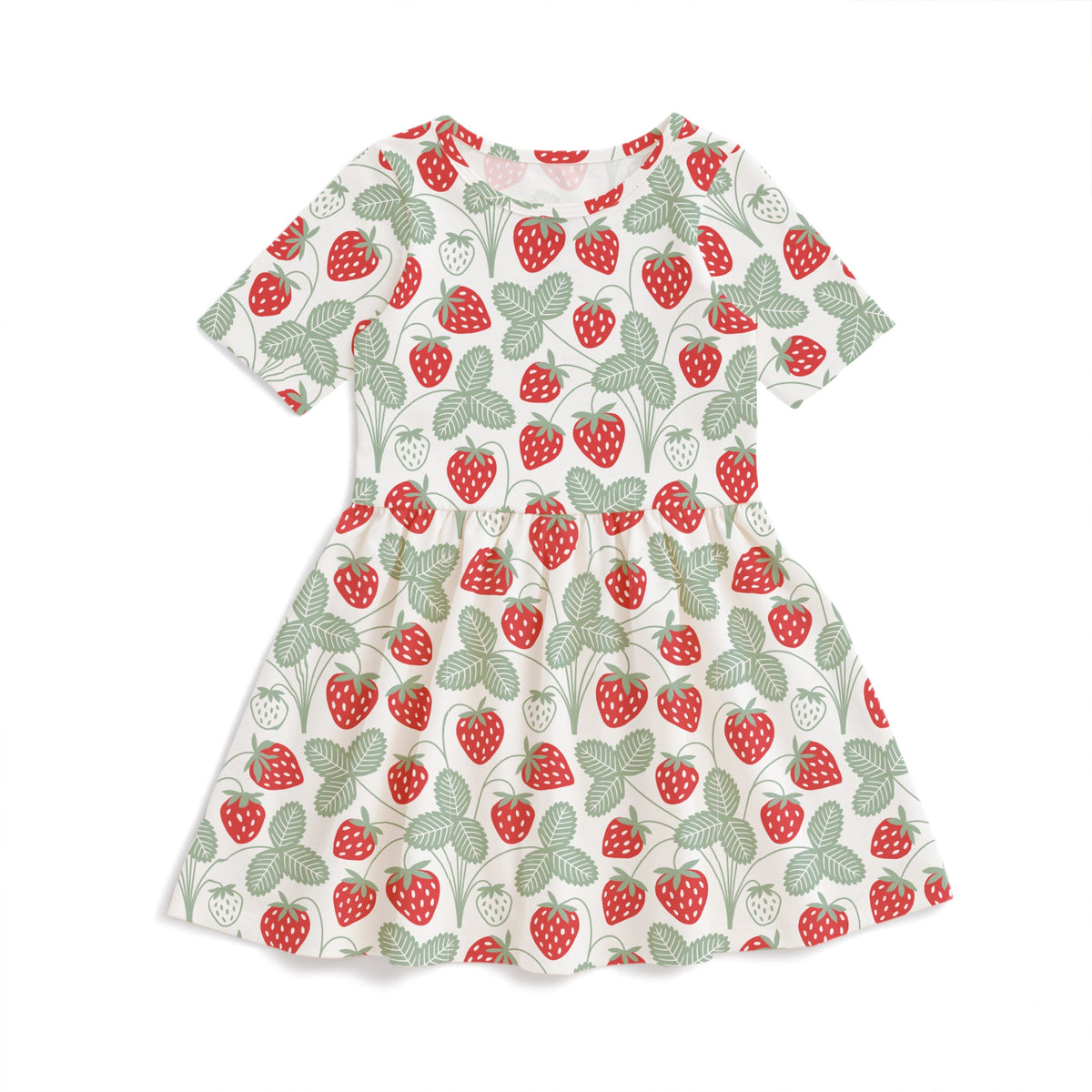 Kids dress with red strawberry print and green stems, made with organic cotton