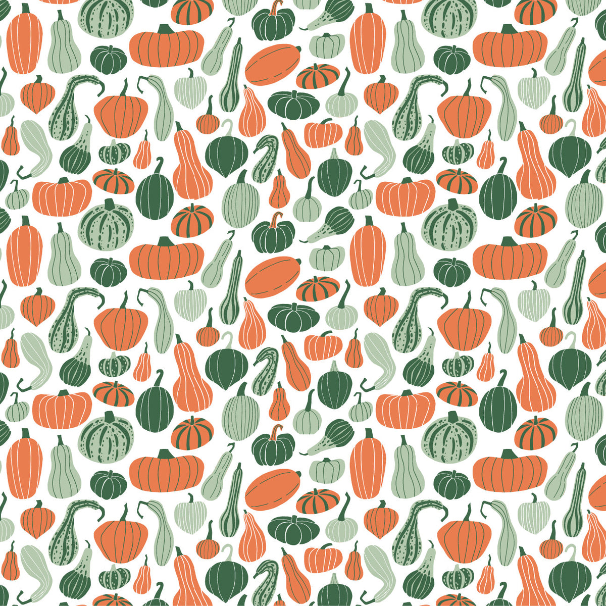 Pumpkin and gourd print swatch in green and orange, made with organic cotton